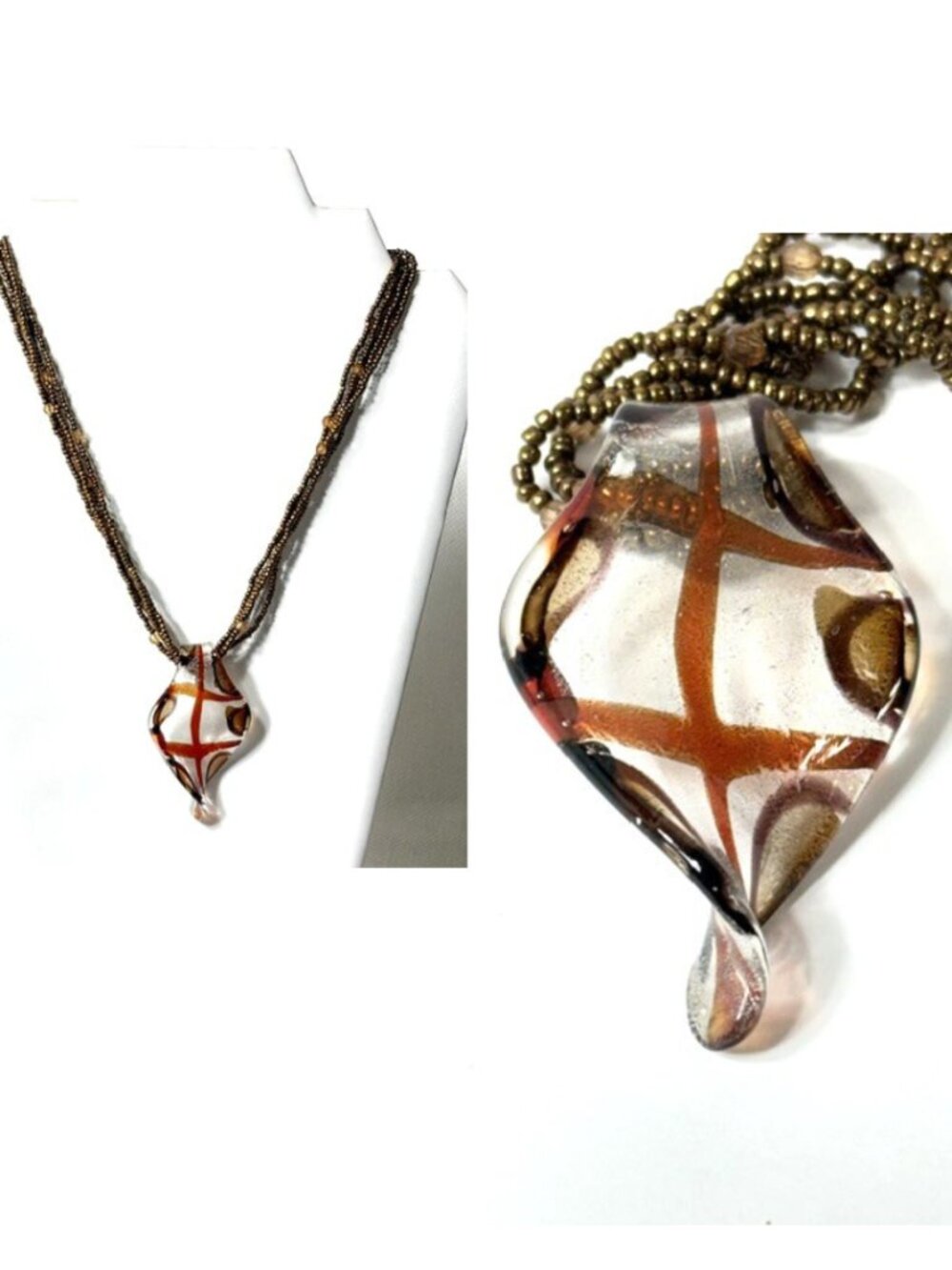Glass lampwork leaf pendant and multi-strand copper-tone seed bead necklace.